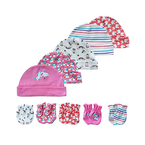 Image of MAMIMAKA Baby Hat and Mittens Set Newborn Baby Hats Caps for Baby Boys Girls 0-6 Months 100% Cotton