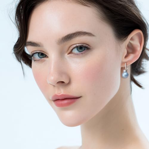 Pearl Drop Dangle Earrings 925 Sterling Silver Cubic Zirconia Leverback Earrings, 8MM Round White/Black/Blue Cultured Pearls Jewelry Gifts for Women Wife Mother3