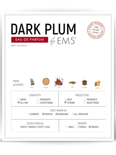 Image of EM5 Dark Plum Unisex Perfume | Fruity Woody Spicy Oud Fragrance | Eau de Parfum Spray | Strong & Long Lasting Scent | Luxury Gift for Him & Her | 50ml