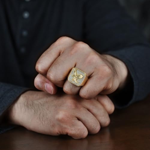 Metro Jewelry Eagle Signet Ring for Men in Stainless Steel with Yellow Gold Ion Plating and White Cubic Zirconia - Size 8 to 123