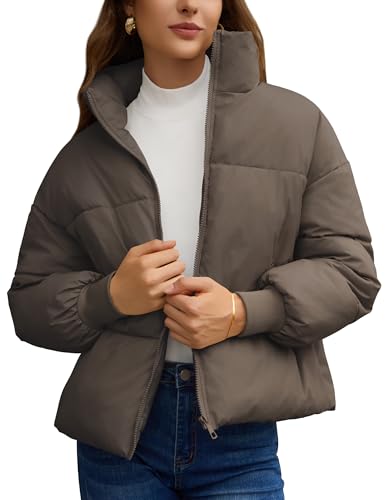 TQD Puffer Jacket Womens Long Sleeve Zip Womens Puffer Jacket Winter Cropped Puffer Jacket Coat Casual Womens Winter Coats Brown US 2XL