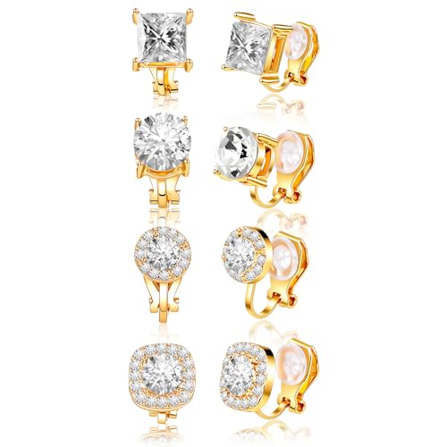 Image of 4 Pairs Cubic Zirconia Clip Earrings for Women Dance Competition - Non Pierced Diamond Clip On Earrings studs for Men(Gold)
