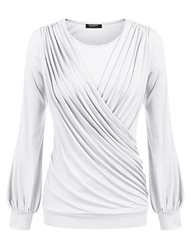 Zeagoo Womens Long Sleeve Shirt Casual Top Blouse Plus Size Pleated Tunic Shirt,White,X-Large #TOP2