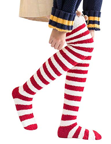 Image of Wander G Womens Over Knee High Fuzzy Socks Cute Cartoon Thigh High Stockings Warm Stripe Leg Warmers