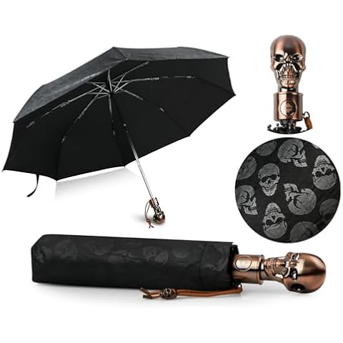 DS. DISTINCTIVE STYLE UV Umbrella Skull Parasol Folding Umbrella Automatic Open and Close Sun Umbrella for Walking with Black Anti-UV Rubber Layer Cover