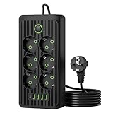 Power Strip 11Fach Mehrfach Steckdose mit Schalter Steckdosenleiste 6Fach Steckerleiste mit 4USB und 1Type-C Mehrfachstecker Überspannungsschutz, 2M Verlängerungskabel Steckdosenturm für Zuhause Büro