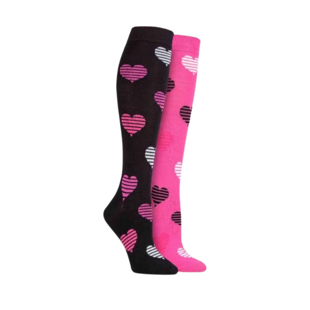 Storm Bloc Equestrian Cotton Heart Patterned Knee High Socks Pack of 2 - Size UK 4-7 (Black/Pink)