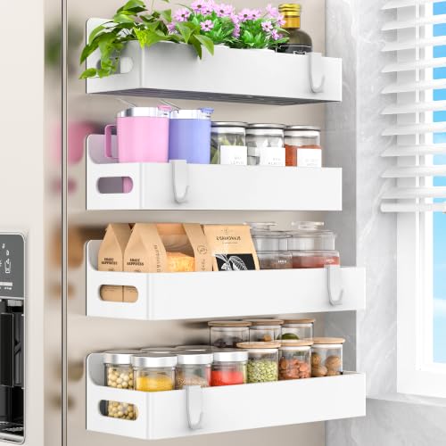 HuggieGems Upgrade White Magnetic Spice Rack for Refrigerator, 4 Pack