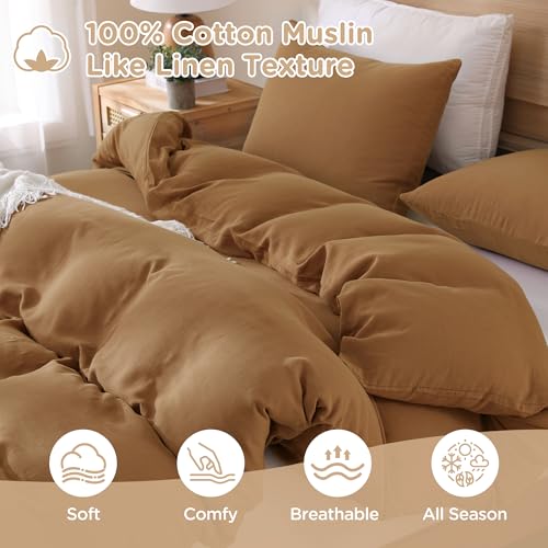 Image of TOCOMOA Muslin Duvet Cover 100% Cotton Like Linen Texture Breathable Soft Comfy 3-Piece Burnt Orange Comforter Cover Fall Bedding Set (King 104 inchx90 inch, Comforter Not Included)
