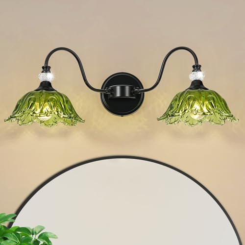 Image of Black Bathroom Vanity Light, 2-Light Vanity Light with Floral Green Glass Shades,Vintage Farmhouse Wall Mount Lighting for Bathroom, Dressing Table