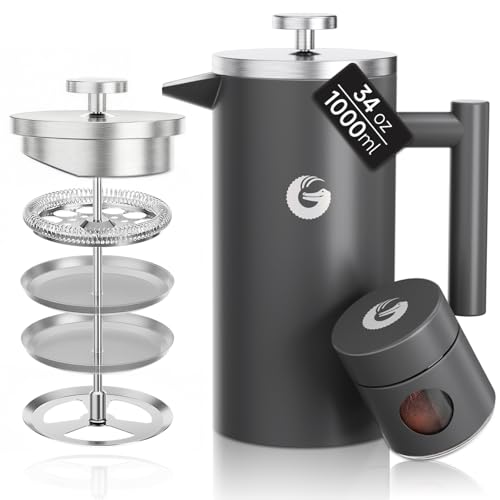 Coffee Gator French Press Kaffeemaschine 1 Liter plus Travel Jar Kanister, Doppelwandig Isoliert Edelstahl Kaffeebereiter, Tragbare Heiße Kalte Brühe Teekanne für Haus Büro Küche Camping Outdoor