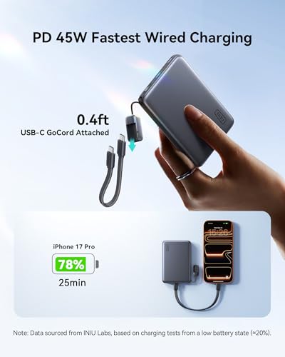 Image of INIU Slimmest Power Bank for MagSafe, 10000mAh Qi2.2 Certified 25W Wireless & 45W Wired USB C Fast Charging Portable Charger, Flight-Safe Travel Phone Magnetic Battery Pack for iPhone 17-12 Series