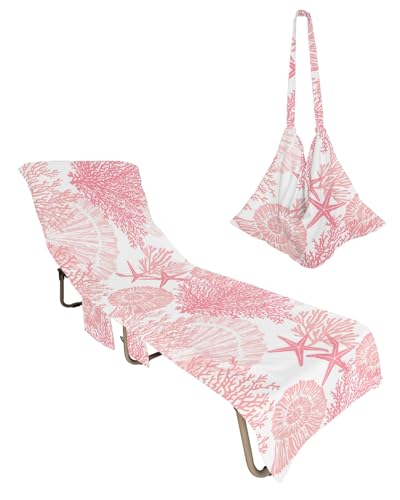 Pink Ocean Beach Chair Towel Covers for Chaise Lounge with Side Pocket, Soft Plush Pool Towels Cover for Patio Sunbathing Outdoor 29''x85'' Geometric Abstract Coral Shell Starfish