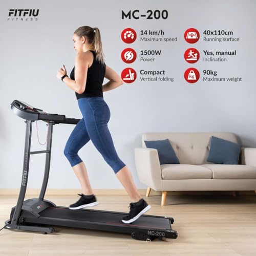 FITFIU Fitness MC-200 - Tapis de Course avec Inclinaison, Pliable, Ultra-Compact et Silencieux, écran LCD avec 12 programmes, Moniteur de fréquence Cardiaque, Utilisation à Domicile/au Bureau – Image 3
