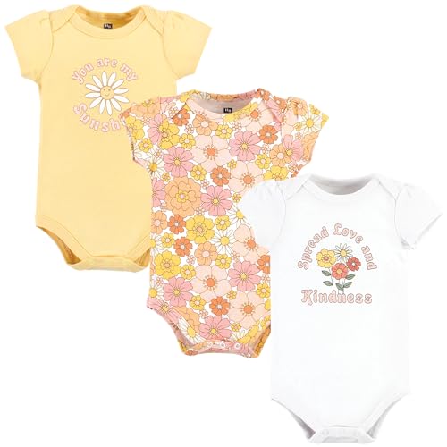 Hudson Baby Unisex Baby Cotton Bodysuits, Peace Love And Flowers, 3-6 Months