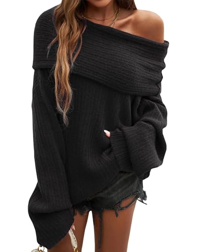 SOMTHRON Women's Off The Shoulder Sweater Top Oversized Knitted Long Sleeve Loose Slouchy Fold Over Pullover Tops