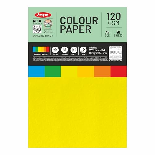 Image of Anupam 25 Sheets Colored Craft Paper A4 Size 120 GSM Yellow Color Card Stock Paper for DIY Cards Making, Greeting Cards, Paper Crafting, Wedding Invitations, Thank You Cards, Scrapbooking and Printing