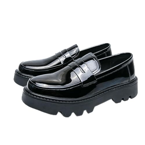 Men's Patent Leather Platform Penny Loafers Comfort Round Toe Chunky Heel Slip On Dress Shoes for Business Formal Work