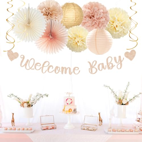 Image of Champagne-Gold Beige Fall Baby-Shower Party-Decorations - 36pcs Welcome Home Banner Sign,Neutral Paper Lanterns,Girl Streamers Garland,Boho Hanging Tissue Pom Poms Flowers Fans Backdrop Decor Burgleda
