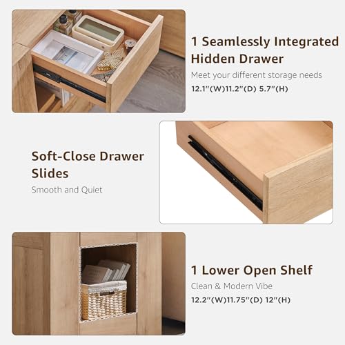 OKD Modern Nightstand with Charging Station, 24" Large Bedside Table, Rustic End Table with Drawers & Open Shelf for Bedroom/Living Room, Night Stand Wood Thick Design,Natural Oak