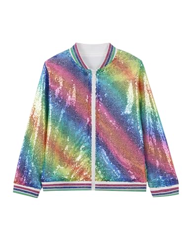Girls' Sequin Bomber Jacket Sparkle Holographic Long Sleeve Gradient Ombre Jackets for Kid with Ribbed Cuffs 5-12Y