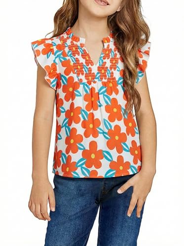 Image of Haloumoning Girls Ruffle Short Sleeve Floral Chiffon Blouses Kids Summer Shirts Tops 5-14 Years