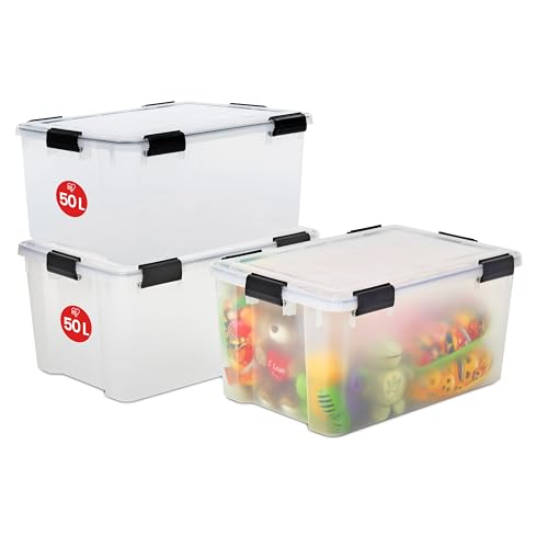 Iris Ohyama 3 Cajas herméticas de plástico con tapa y cierres a presión, 50L, Transparente, sello impermeable, apilables, antipolvo, para ropas, camping, exteriores, cubo de almacenaje, box, AT-L