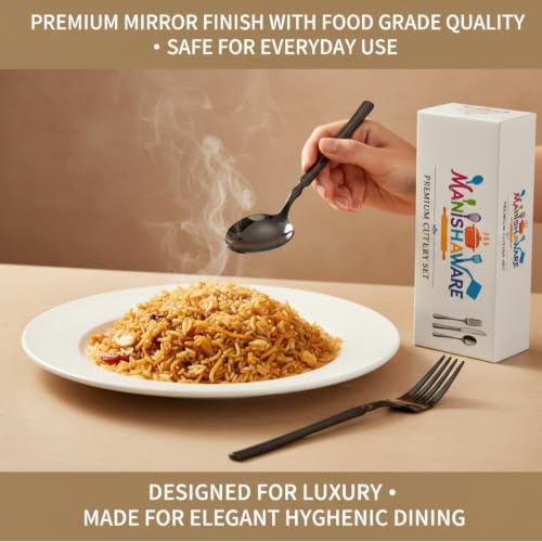 Image of Classic Black 12 Pcs Stainless Steel Cutlery Set for Dining Table, Dishwasher Safe Glossy Flatware
