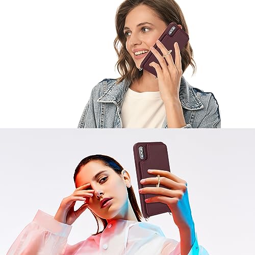 Image of for iPhone X /XS Case with Card Holder and Strap for Women,Crossbody Lanyard,Kickstand Ring Stand,Snap Clasp,Phone Wallet Cases 5.8 inch(Wine Red)