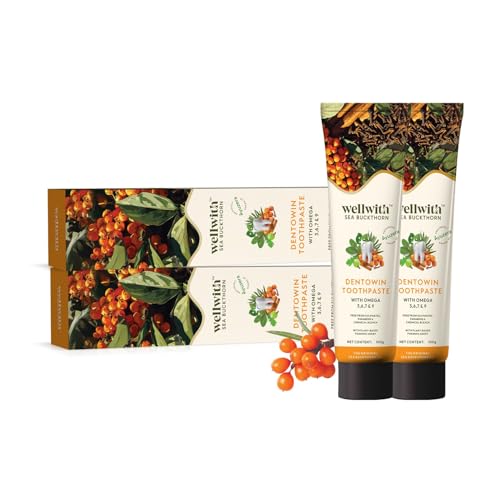 Image of Wellwith(Ayuzera) DentoWin (100g, Pack of 2) Herbal Gum Care Toothpaste with Himalayan Sea Buckthorn Berry, Tulsi & Neem, Teeth Whitening - Natural Formula, No Fluoride