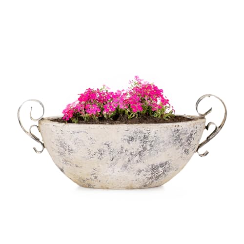 Moderne Vintage Pflanzschale für draußen - Ovale 28,5 cm Schiff Deko-Schale in Shabby Antik beige - Keramik Jardiniere als Blumen-Topf Pflanztopf für Garten, Balkon oder Friedhof Grab-Schmuck