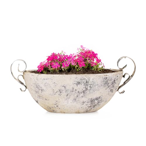 Moderne Vintage Pflanzschale für draußen - Ovale 28,5 cm Schiff Deko-Schale in Shabby Antik beige - Keramik Jardiniere als Blumen-Topf Pflanztopf für Garten, Balkon oder Friedhof Grab-Schmuck