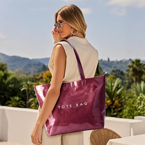 Image of KALIDI PVC Zipper Tote Bag, Jelly Kraft Paper Beach Bag Large Hobo Carry All Travel Shopping Handbag Plastic Shoulder Bag