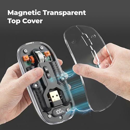 Image of Foxin NeonView Transparent Wireless Bluetooth Mouse with Desktop Button, Dual Mode (Bluetooth + 2.4GHz), USB-C Rechargeable, Up to 20 Days Battery, 3200 DPI, RGB Light, Silent Click, Adjustable DPI