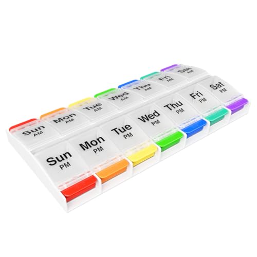 Image of EZY DOSE Push Button (7-Day) Pill Case, Medicine Planner, Vitamin Organizer, 2 Times a Day, AM/PM Container, X-Large Compartments, Arthritis Friendly, Easy to Use, Clear Lids, Rainbow, BPA Free