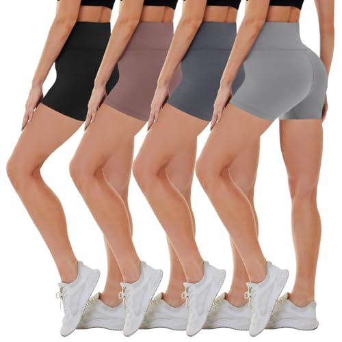 CAMPSNAIL 4 Pack Biker Shorts for Women High Waist - 5"/8" Tummy Control Soft Athletic Yoga Workout Running Gym Shorts 5 IN Small-Medium Black/Complexion//Dark Gray/Light Gray, 4 Packs