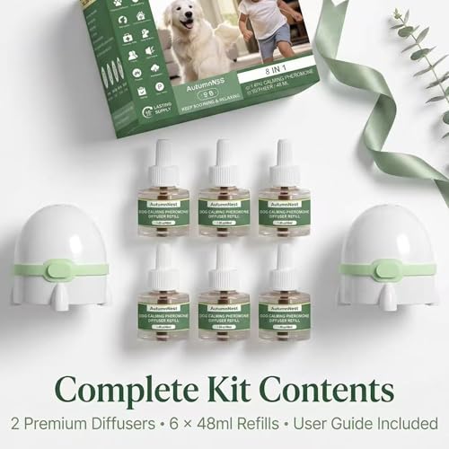 Image of 8-in-1 Dog Calming Pheromone Diffuser Kit - Pet Stress Support (2 Plug-Ins & 6x48ml Refills), Calming Diffuser for Dog During Thunderstorms, Travel, Separation, Fireworks & Vet Visits, 180-Day Supply