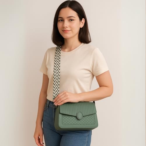Image of ITALISH Quilted Pattern Leather Crossbody Sling Bag with Striped Pattern 23 x 18 x 7 cm