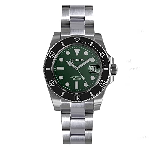 Cronos V 2 Sub-Diver Montre de luxe pour homme avec bracelet en acier inoxydable et lunette rotative en céramique 200 mètres résistant à l'eau, Cadran vert et lunette noire, Bracelet Cover