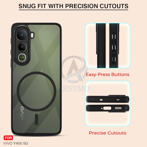Image of AESTMO Vivo Y400 5G Back Cover | 360 Protection | Crystal Clear Hard Back Transparent | Compatible with MagSafe Accessories for Vivo Y400 5G (PC+TPU, Black Bumper)