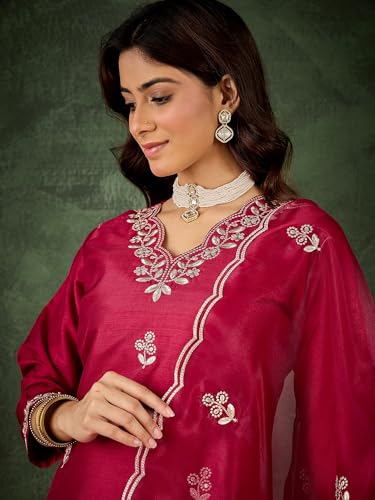 Image of VredeVogel Women's Ethnic Wear Embroidered Silk Blend Kurta Pant Set with Organza Dupatta | Festive & Casual Summer Kurti with Pants for Party Office & Ethnic Occasions