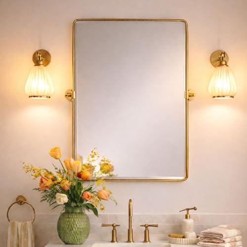 Image of Farmhouse Pivot Rectangle Bathroom Mirror Brushed Gold Metal Framed Tilting Beveled Vanity Mirrors for Wall, Overall 27.91x 30 inches (Mirrror 24 x 30 inches)