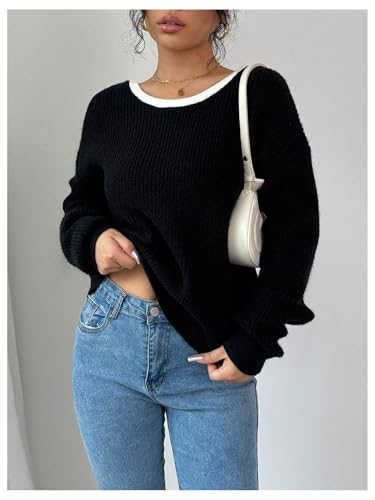 Image of Floerns Women's Colorblock Bowkbot Back Long Sleeve Sweater Cute Pullover Tops Black Large