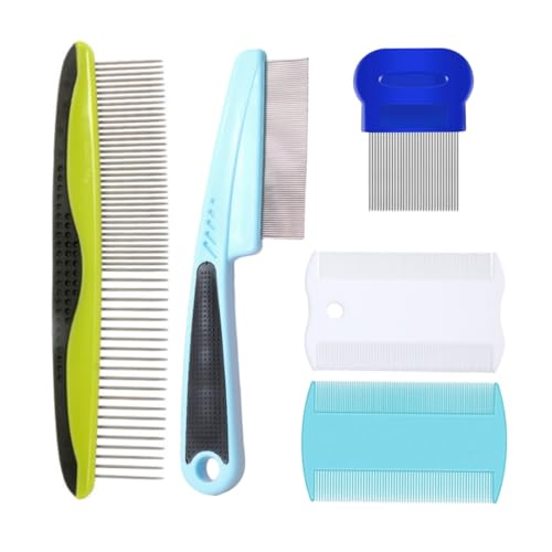 5 Pcs Dog Combs Set Flea Lice Comb with Stainless Steel Rounded Teeth for Pets Dogs Cats Professional Plastic Pet Grooming Comb for Small Medium Large Dog Removing Tangle and Knots