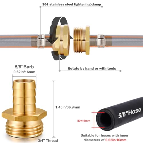 Image of Solid Brass Garden Hose Repair kit Connector with Stainless Steel Clamps, Male Adapter /Female Garden Hose Swivel Fitting (5 /8 inch Barb x 3 /4 inch Male-2 Sets)