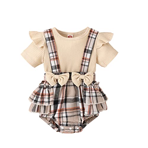 Saeevima Baby Mädchen Sommer Lässig Strampler Kurzarm Rüschen Schulter Plaids Shorts Bowknot Stirnband Baby Body Playsuit Kleidung (Khaki , 6-12 Months ) Cover