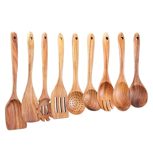 High-Quality Wooden Kitchen Spoons Set - 9-Piece Smooth Wood Spatula and Serving Utensils