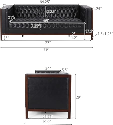 Image of Merax Modern PU Sofa Set, Couch with Button-Tufted Diamond Stitching, Rubberwood Frame, Tuxedo Arms, Low Profile Design Mid-Century Modern Style, Black