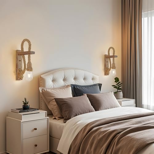 Image of KEESFU Wall Sconce Set of 2, Farmhouse Wood & Hemp Rope Wall Mount Light Fixture, Rustic Light Fixtures for Bedroom Entryway Hallway Living Room.