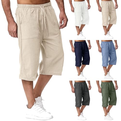 Bermuda Long Homme, Pantacourt Homme Eté - Shorts et Bermudas Lin 2025 Sport Coton Pantalon 3/4 Décontracté Taille Elastique Short